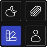 A grid of four white icons, each one sitting in a rounded square. The bottom-left icon sits on an indigo background, while the rest are on black.