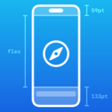 A blueprint-like design showing the Safari compass icon on a wireframe of an iPhone 14. There are measurements next to the phone mockup on the left and right